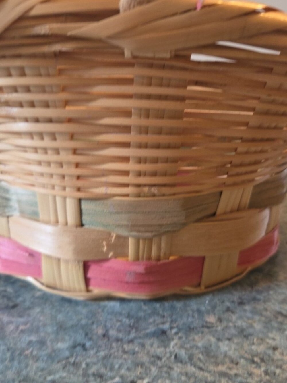 Vintage Easter Bonnet Basket Woven Wicker Pink and Green Bands Mexico - Picture 3 of 12